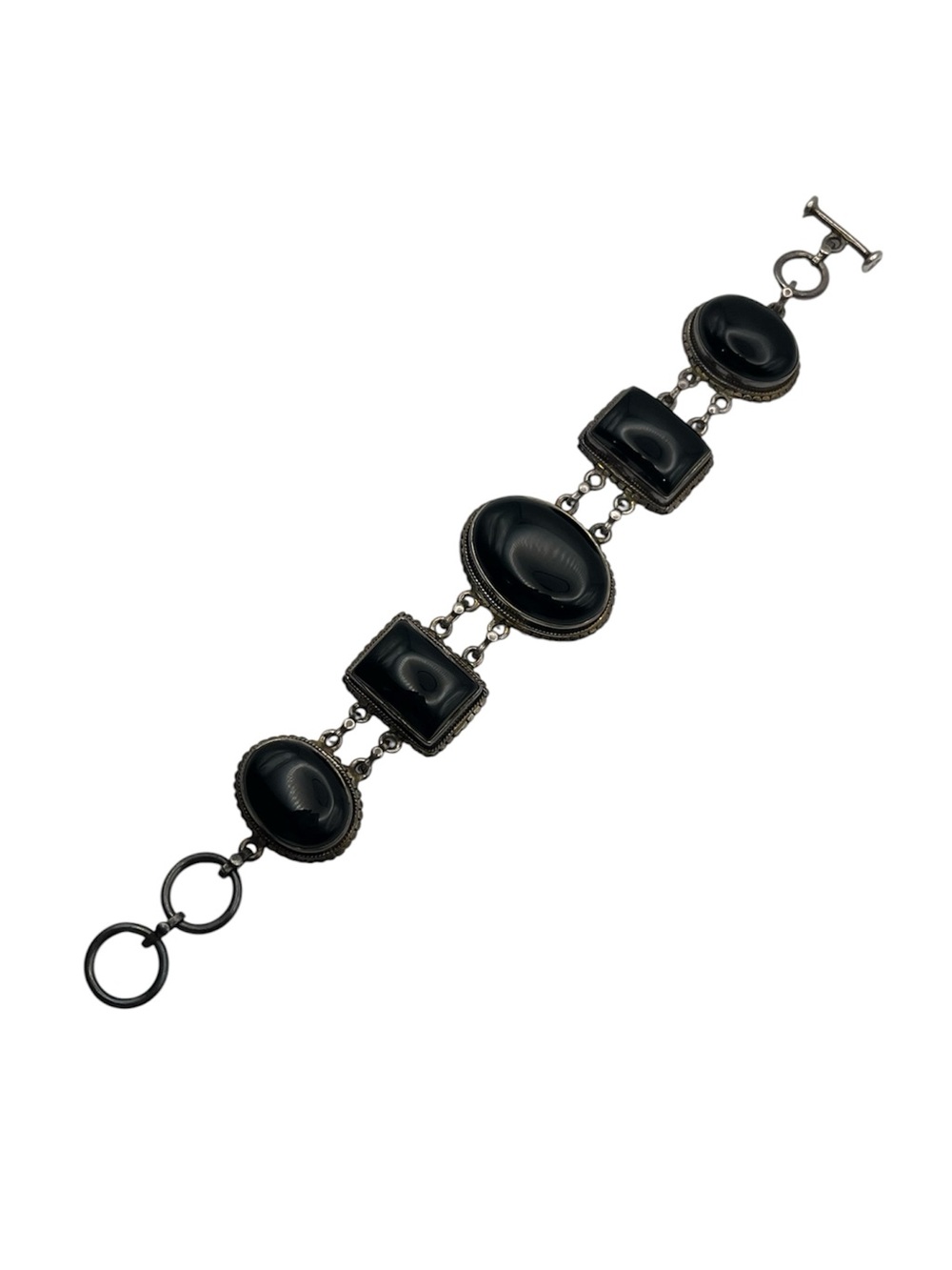 Sterling silver handmade black cabochon stone chain vintage bracelet